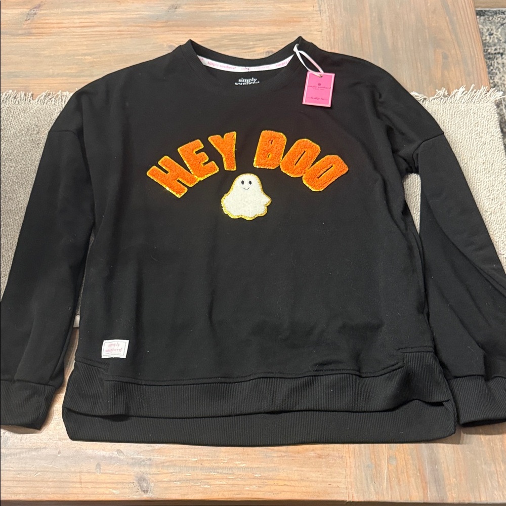 Simply Southern Black and Orange 'Hey Boo' Halloween Crewneck Sweater